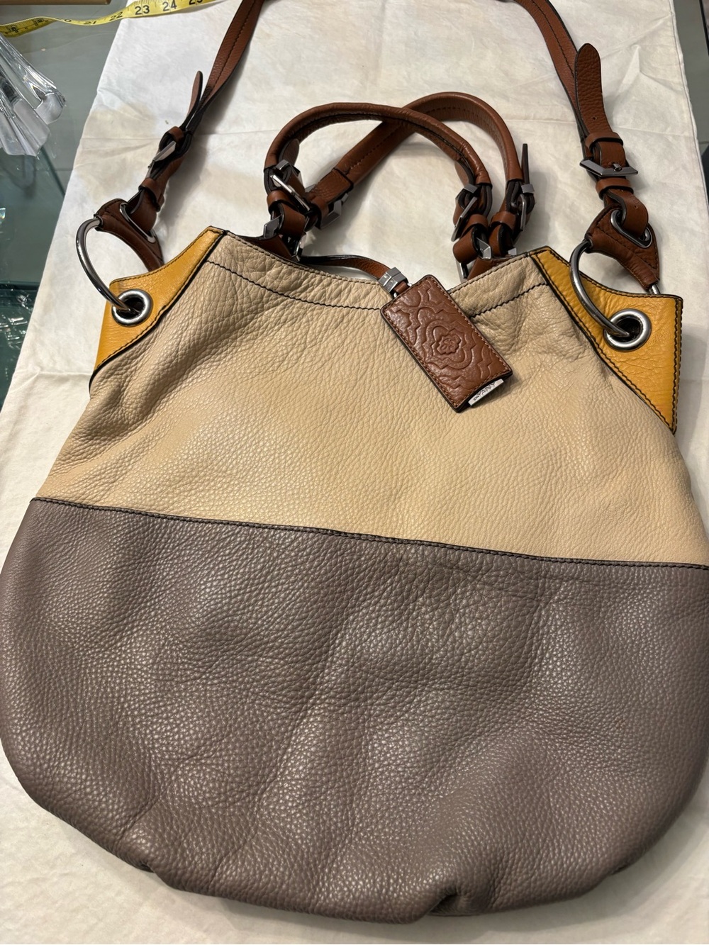 ORYANY Genuine Leather Colorblock Cross Body Hobo Bag in Beige, Taupe & Mustard